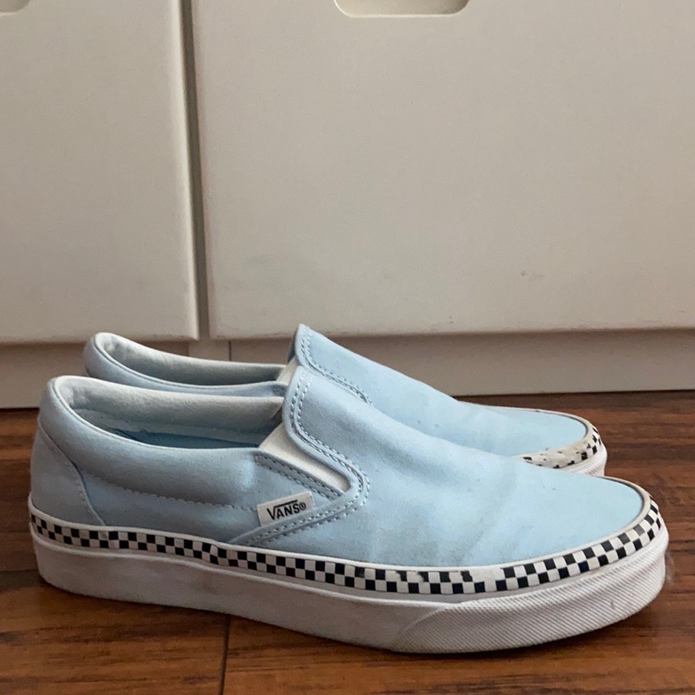 COPY - Light Blue Slip On Vans with Checkered Trim